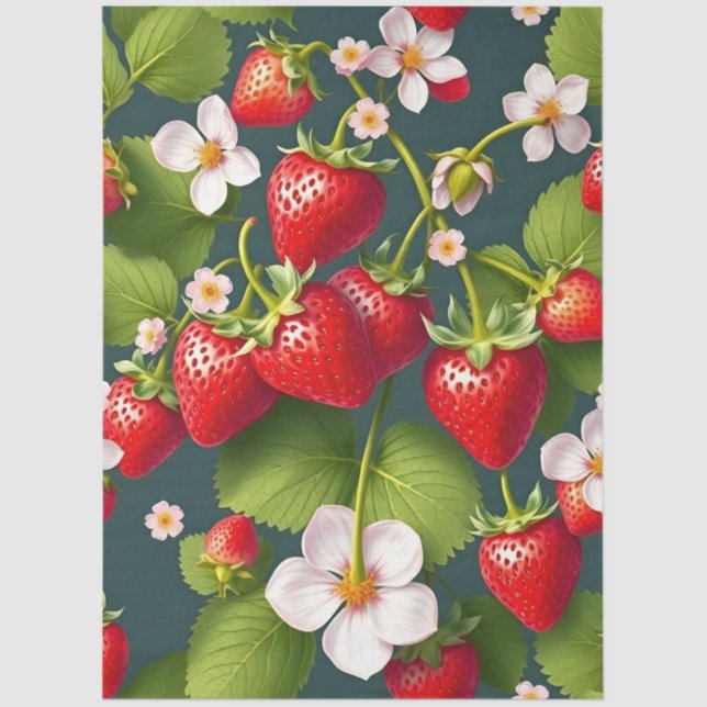 Red Strawberry With White Flowers & Green Leaves Tissue Paper (Front)