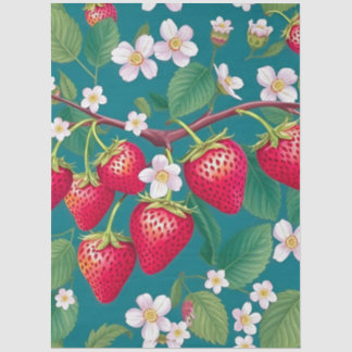 Red Strawberry With White Flowers & Green Leaves Tissue Paper