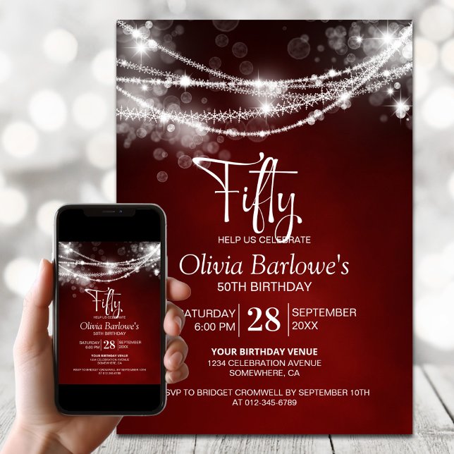 Red String Lights 50th Birthday Party Invitation (Creator Uploaded)