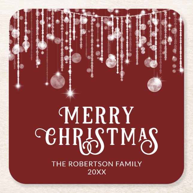 Red String Lights Christmas Party Square Paper Coaster (Front)