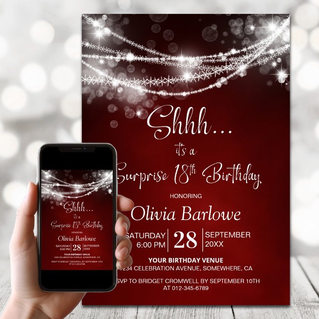 Red String Lights Surprise 18th Birthday Party Invitation (Creator Uploaded)