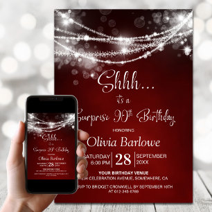 Red String Lights Surprise 90th Birthday Party Invitation