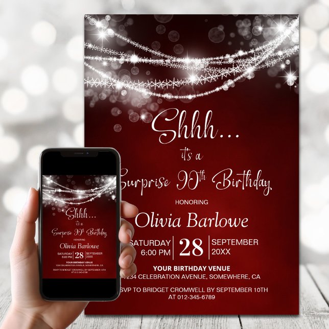Red String Lights Surprise 90th Birthday Party Invitation (Creator Uploaded)