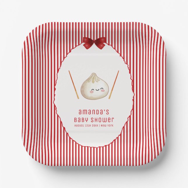Red Stripe Bow Asian Dumpling Baby Shower  Paper Plate (Front)