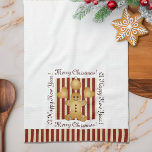 Red Stripe Christmas Cookie Cute Gingerbread Man Tea Towel
