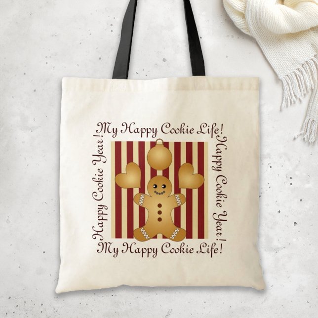 Red Stripe Christmas Cookie Cute Gingerbread Man Tote Bag (Creator Uploaded)