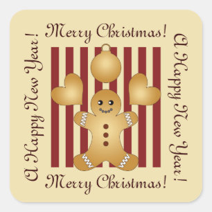 Red Stripe Cute Gingerbread Man Christmas Square Sticker