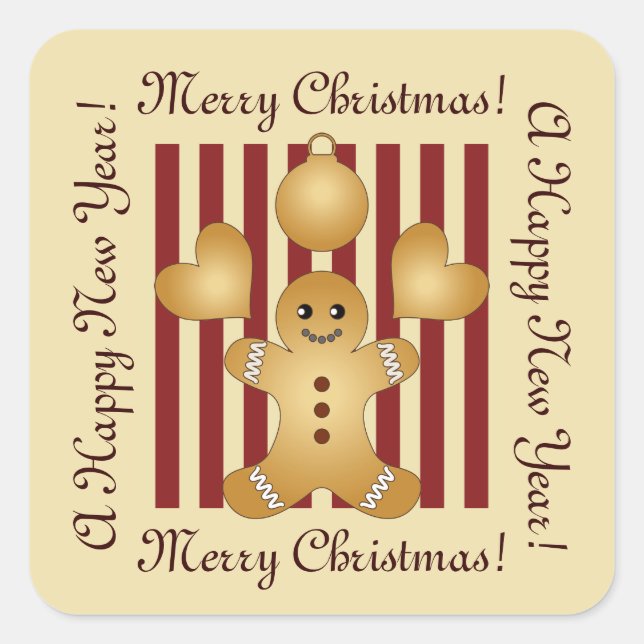 Red Stripe Cute Gingerbread Man Christmas Square Sticker (Front)