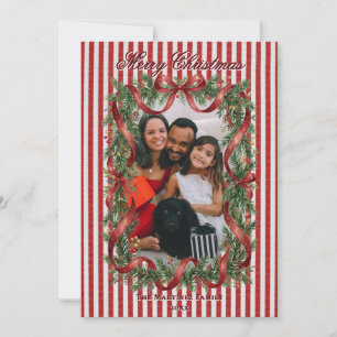 Red Stripe Fir Wreath Garland Bow Photo Christmas Holiday Card