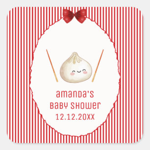 Red Stripe Girl Bow Asian Dumpling Baby Shower  Square Sticker