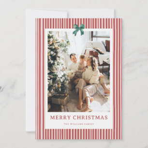 Red Stripe Green Bow Christmas Photo Holiday Card