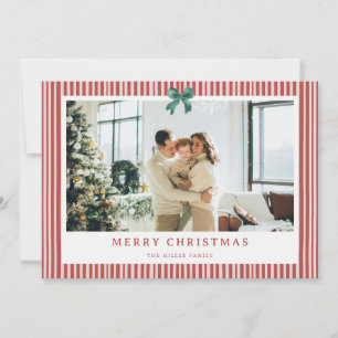 Red Stripe Green Bow Christmas Photo Holiday Card