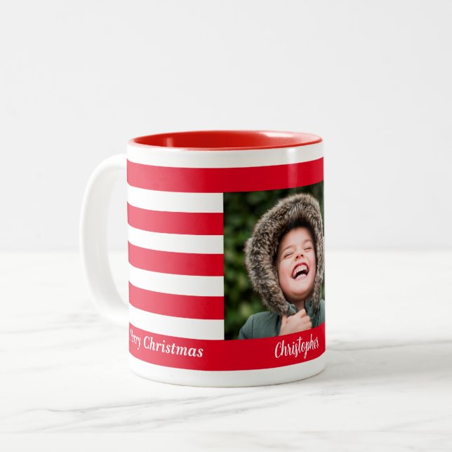 Red Stripe Holiday Photo Collage  Two-Tone Coffee Mug (Front Left)