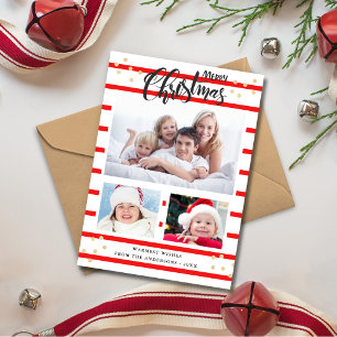 Red Stripe Merry Christmas 3 Photo Collage Card