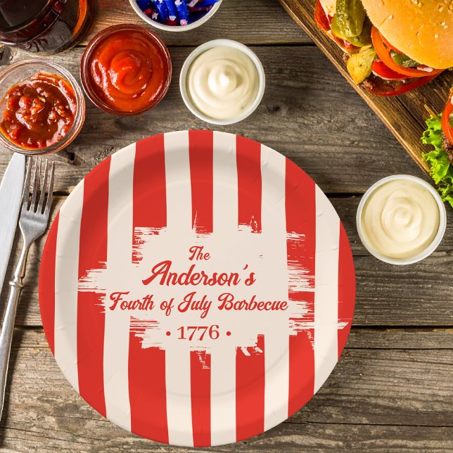 Red Stripe White & Blue Family Name Barbecue Paper Plate (Creator Uploaded)