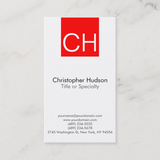 Red Stripe White Monogram Simple Business Card (Front)