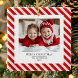 "Red Stripe with Photo Merry Christmas and Name  Ceramic Ornament<br><div class="desc">"Celebrate the season with this Red Stripe with Photo Merry Christmas and Name Personalised Ornament. Featuring a classic red stripe design, your custom photo, and personalised name, this ornament brings a unique and heartfelt touch to your holiday decor. Perfect for hanging on your Christmas tree or gifting to loved ones,...</div>