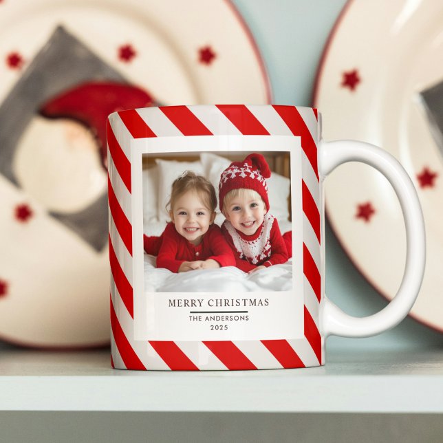 "Red Stripe with Photo Merry Christmas and Name  Coffee Mug (Creator Uploaded)