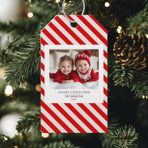 "Red Stripe with Photo Merry Christmas and Name  Gift Tags