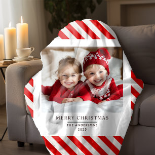 "Red Stripe with Photo Merry Christmas and Name  Sherpa Blanket