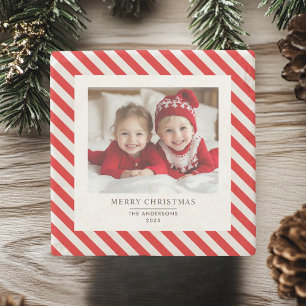 "Red Stripe with Photo Merry Christmas and Name  Stone Coaster