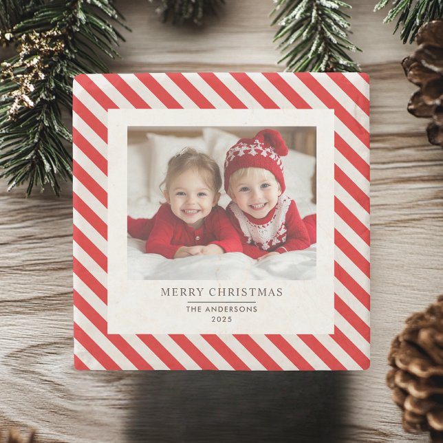 "Red Stripe with Photo Merry Christmas and Name  Stone Coaster (Creator Uploaded)