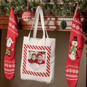 "Red Stripe with Photo Merry Christmas and Name  Tote Bag