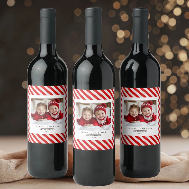 "Red Stripe with Photo Merry Christmas and Name  Wine Label (Creator Uploaded)