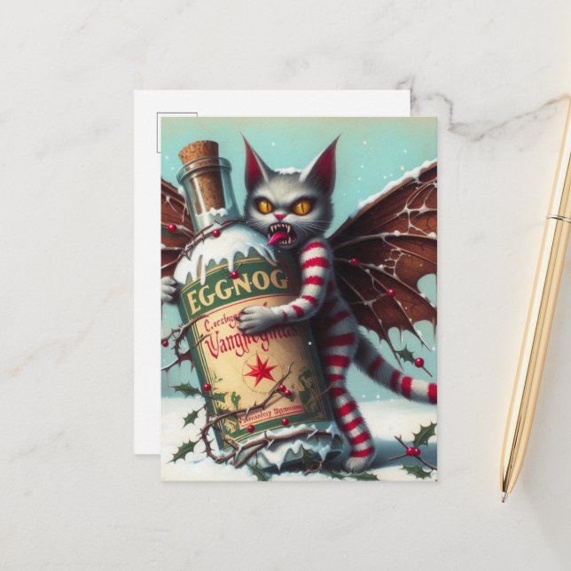 Red Striped Christmas Vampire Fairy Kitty  Postcard (Front/Back In Situ)