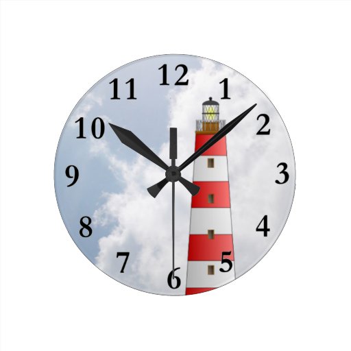 Image of Red Striped Lighthouse in the Clouds Beach Theme Round Clock