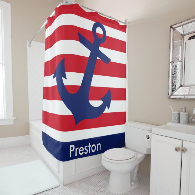 Red Striped & Navy Anchor Shower Curtain (In Situ)