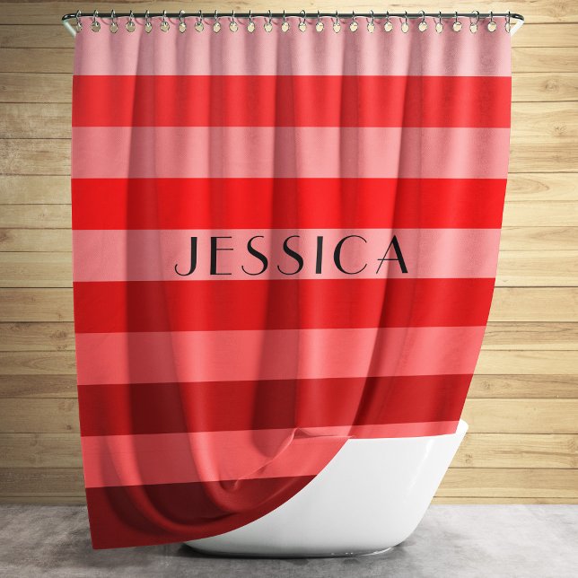 Red Striped Pattern Personalized Name Shower Curtain (Creator Uploaded)
