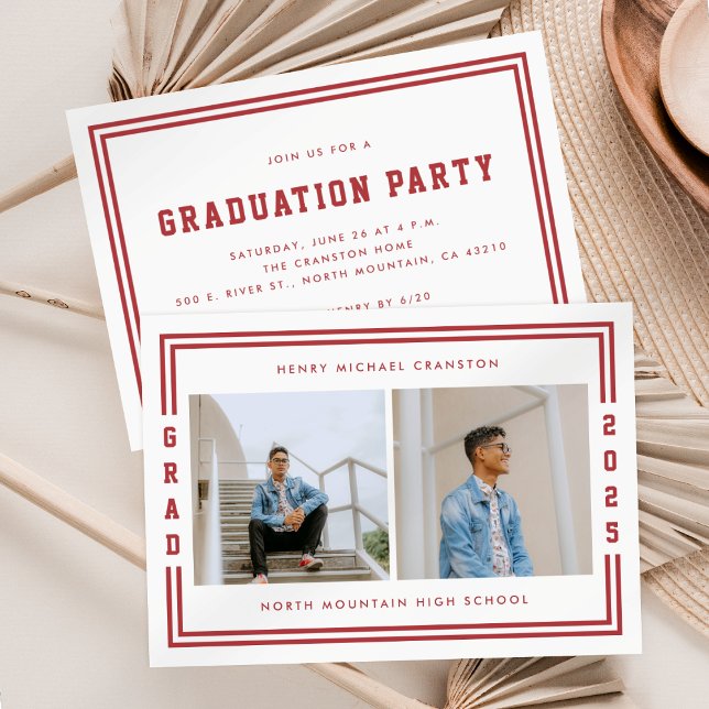 Red Striped Two Photo Graduation Party Announcement (Creator Uploaded)