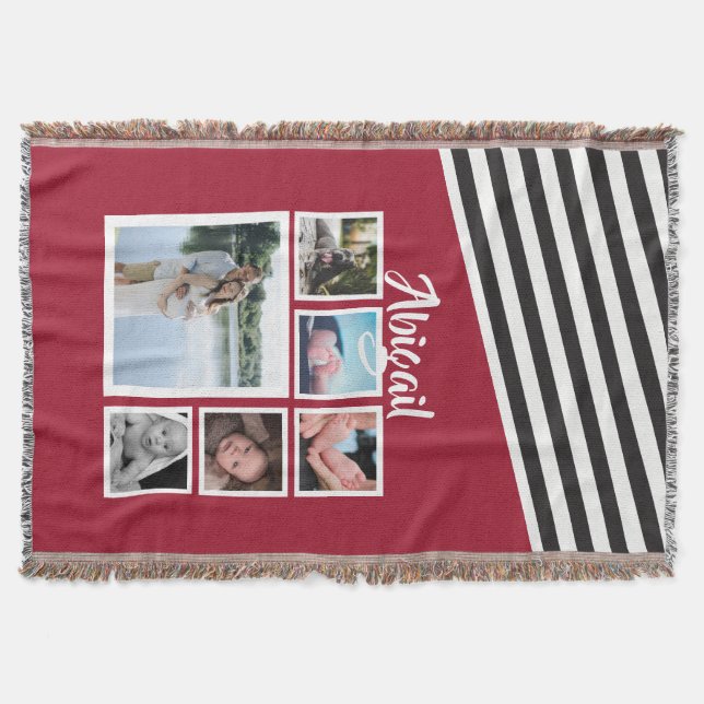 Red Striped Unique Personalised Photo Collage Throw Blanket (Front)