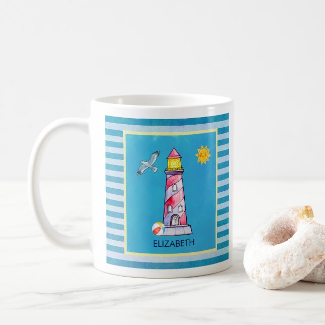 Red Striped Watercolor Lighthouse Custom Coffee Mug (With Donut)