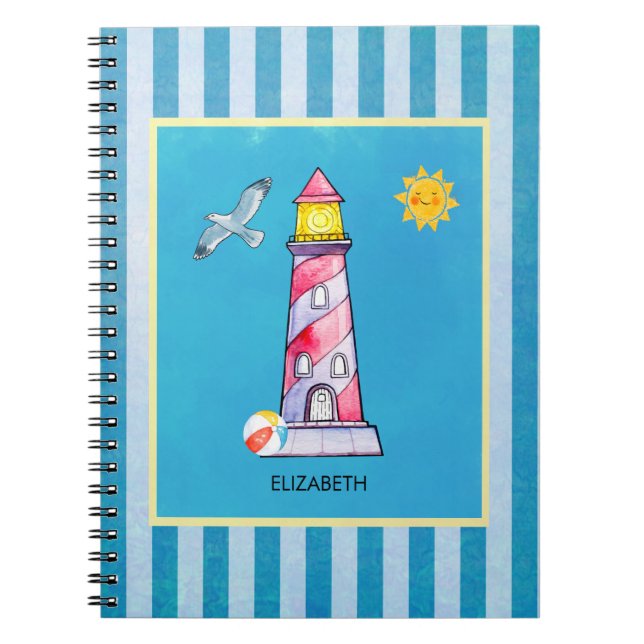 Red Striped Watercolor Lighthouse Custom Notebook (Front)