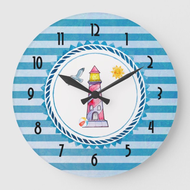 Red Striped Watercolor Lighthouse Large Clock (Front)