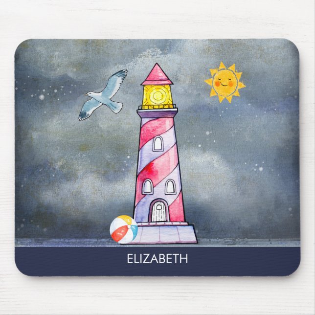 Red Striped Watercolor Lighthouse Mouse Mat (Front)