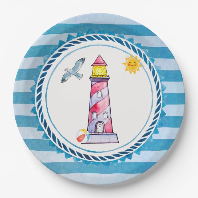 Red Striped Watercolor Lighthouse Paper Plate (Front)
