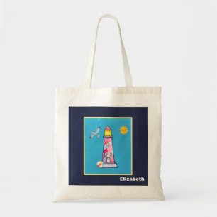 Red Striped Watercolor Lighthouse Personalised Tote Bag
