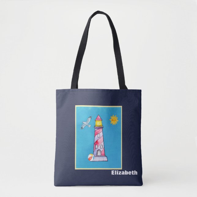 Red Striped Watercolor Lighthouse Personalised Tote Bag (Front)