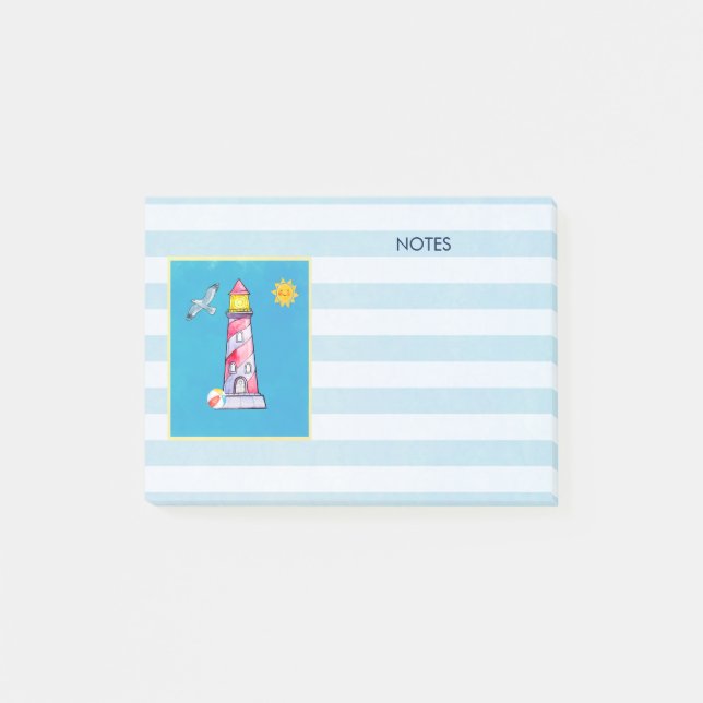 Red Striped Watercolor Lighthouse Post-it Notes (Front)