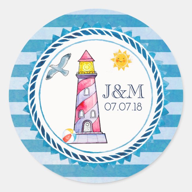Red Striped Watercolor Lighthouse Wedding Classic Round Sticker (Front)
