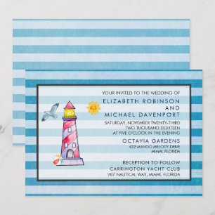 Red Striped Watercolor Lighthouse Wedding Invitation