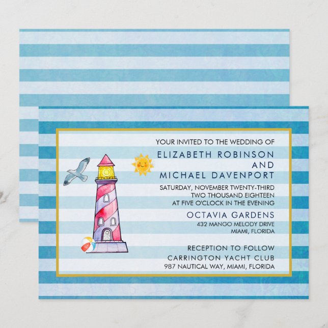 Red Striped Watercolor Lighthouse Wedding Invitation (Front/Back)