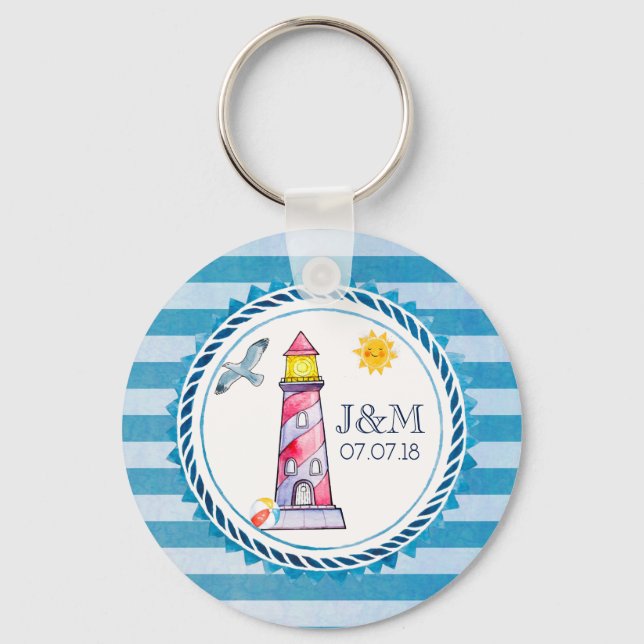 Red Striped Watercolor Lighthouse Wedding Key Ring (Front)