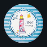 Red Striped Watercolor Lighthouse Wedding Magnet<br><div class="desc">A wedding magnet with a nautical theme. Designed on a blue striped pattern and a circular nautical frame layered over top. A red striped lighthouse and a beach ball, with a smiling sun and seagull flying off in the distance positioned inside the frame. Personalise with your initials and wedding date....</div>