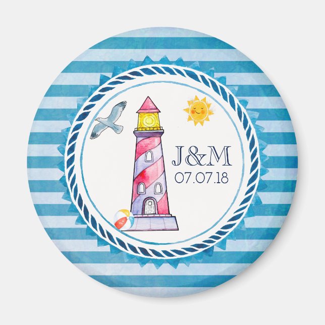 Red Striped Watercolor Lighthouse Wedding Magnet (Front)