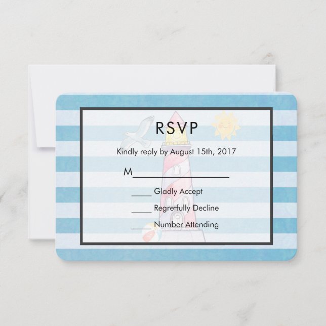 Red Striped Watercolor Lighthouse Wedding RSVP Card (Front)