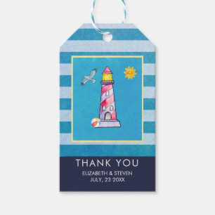 Red Striped Watercolor Lighthouse Wedding Thanks Gift Tags